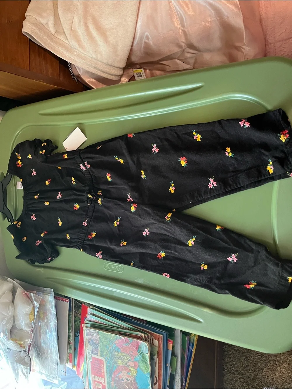Old Navy Black Jumpsuit with Pink and Yellow Floral Embroidery